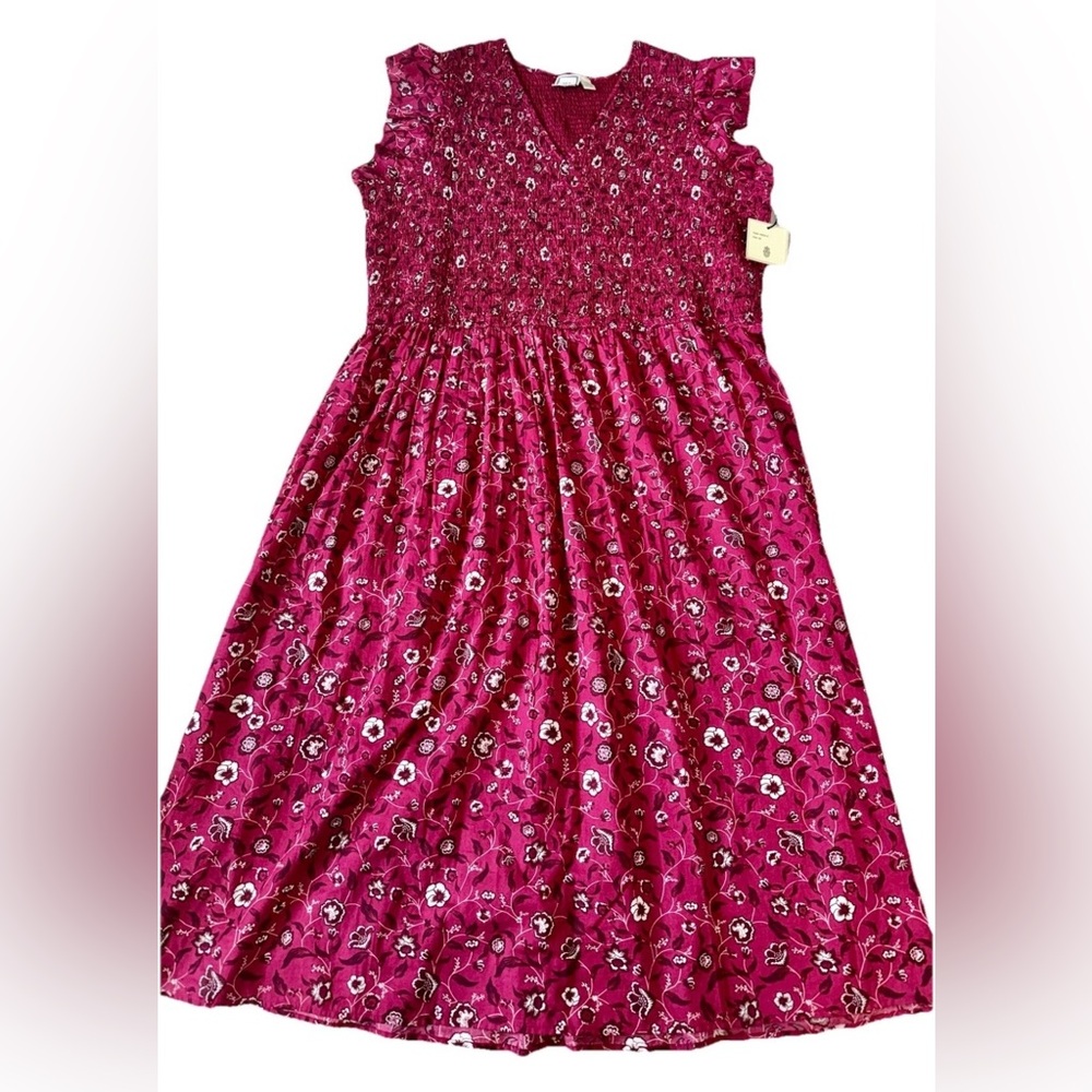 NWT LEA Plus Cotton Maxi Dress 3X Floral Smocked Sundress Peasant Pockets Boho